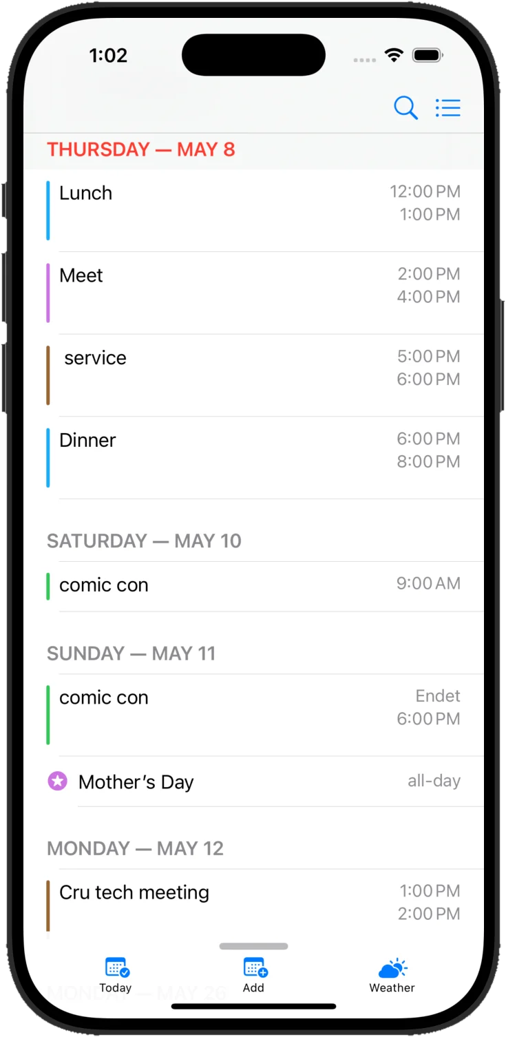 List view showing events in chronological order