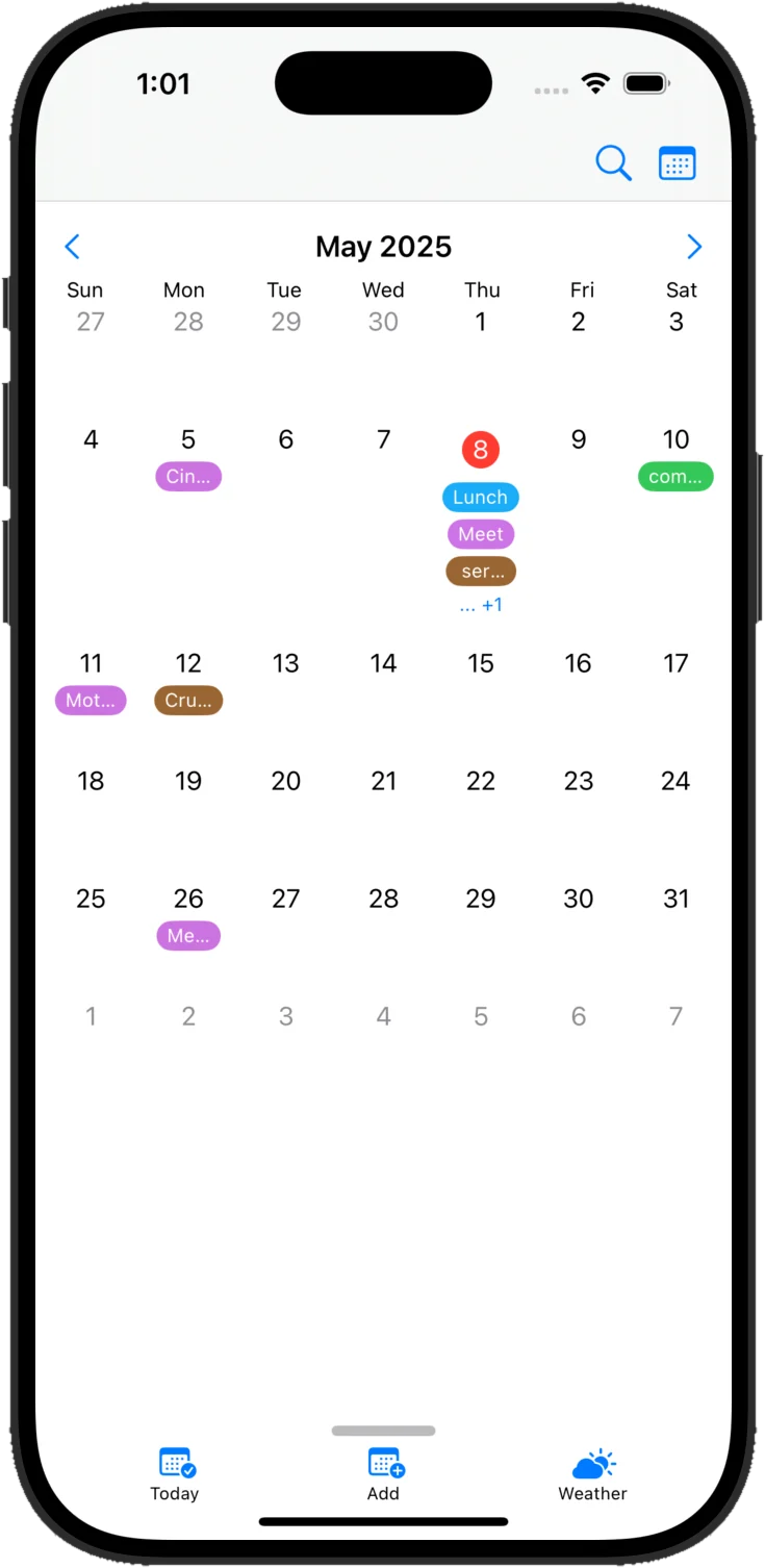 Cloud Calendars month view with event indicators on every day