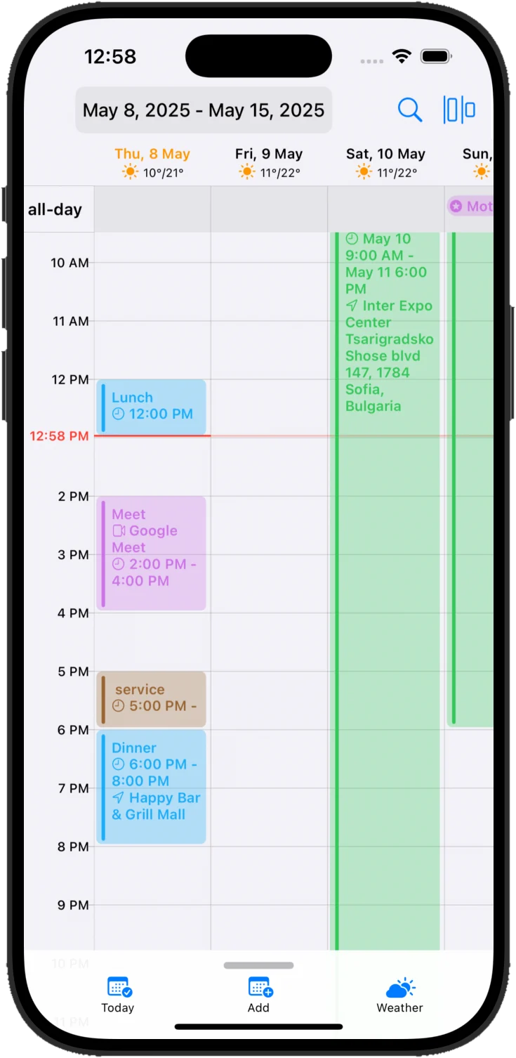 Week view with daily columns, each showing a weather summary