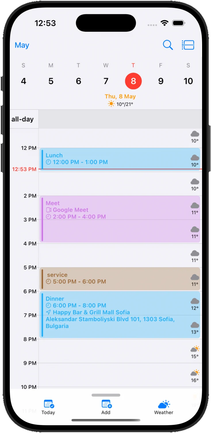 Cloud Calendars day view showing an hourly grid with weather beside each hour